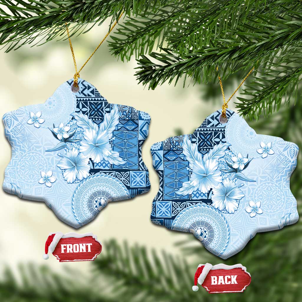Hawaii Tapa Pattern With Blue Hibiscus Ceramic Ornament LT05 Snow Flake Blue - Polynesian Pride