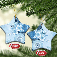 Hawaii Tapa Pattern With Blue Hibiscus Ceramic Ornament LT05 Star Blue - Polynesian Pride