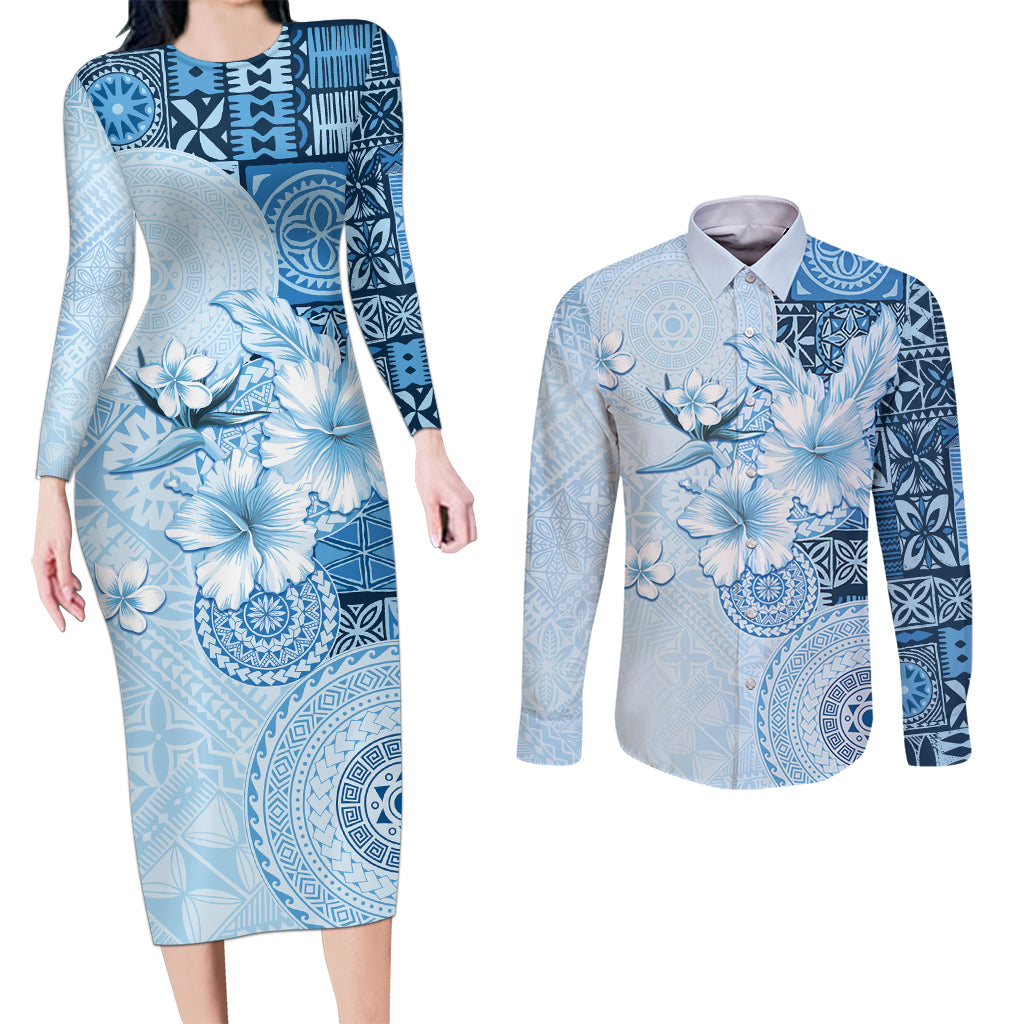 Hawaii Tapa Pattern With Blue Hibiscus Couples Matching Long Sleeve Bodycon Dress and Long Sleeve Button Shirt LT05 Blue - Polynesian Pride