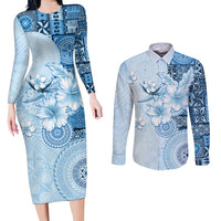 Hawaii Tapa Pattern With Blue Hibiscus Couples Matching Long Sleeve Bodycon Dress and Long Sleeve Button Shirt LT05 Blue - Polynesian Pride