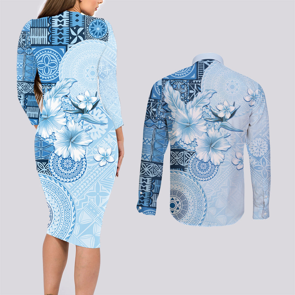 Hawaii Tapa Pattern With Blue Hibiscus Couples Matching Long Sleeve Bodycon Dress and Long Sleeve Button Shirt LT05 - Polynesian Pride