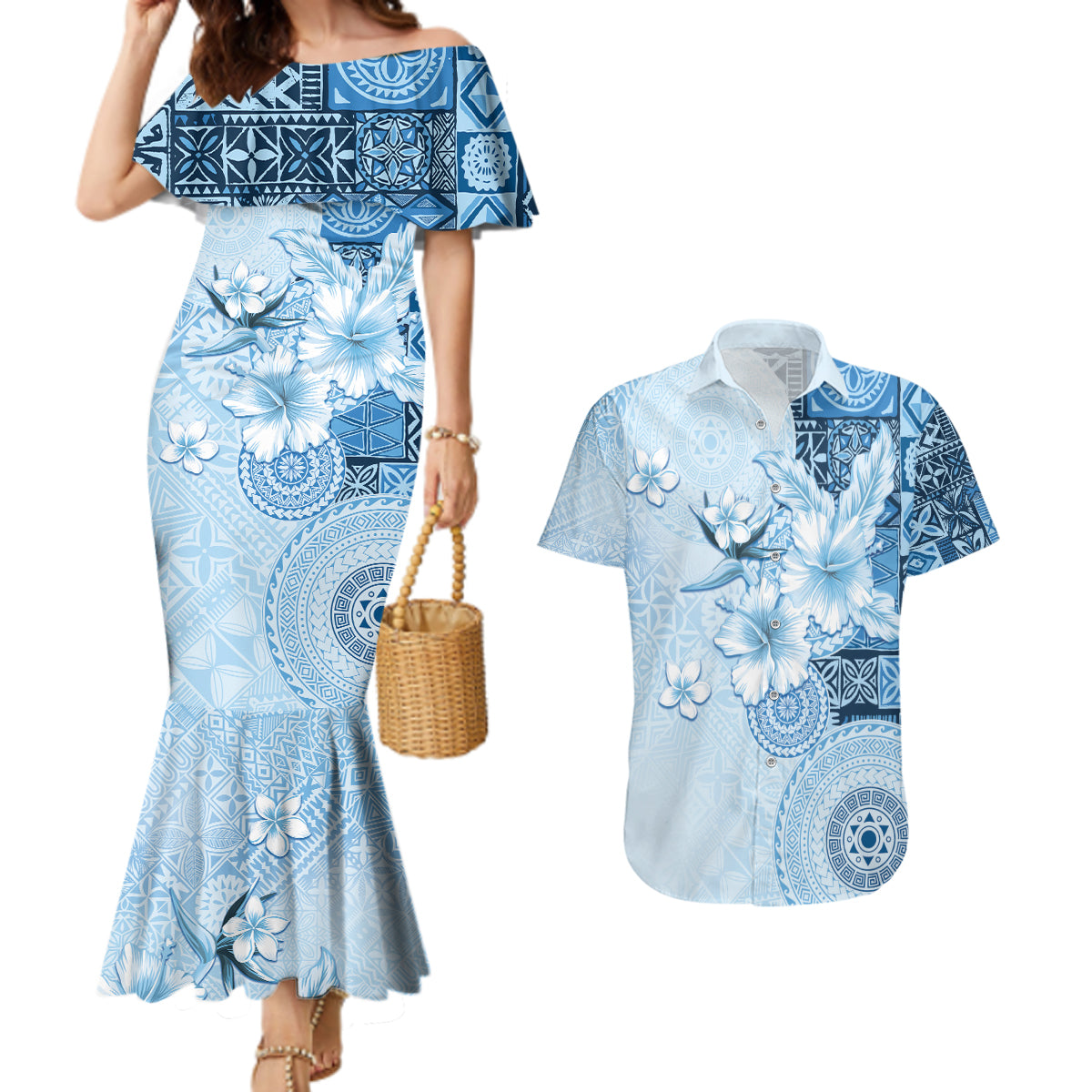 Hawaii Tapa Pattern With Blue Hibiscus Couples Matching Mermaid Dress and Hawaiian Shirt