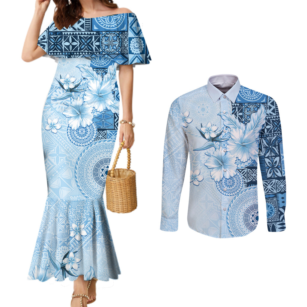 Hawaii Tapa Pattern With Blue Hibiscus Couples Matching Mermaid Dress and Long Sleeve Button Shirt LT05 Blue - Polynesian Pride