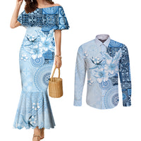 Hawaii Tapa Pattern With Blue Hibiscus Couples Matching Mermaid Dress and Long Sleeve Button Shirt LT05 Blue - Polynesian Pride