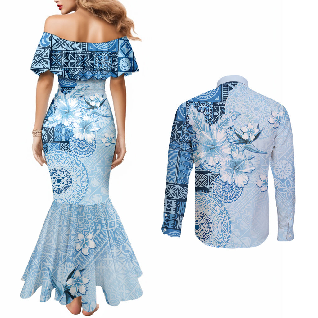 Hawaii Tapa Pattern With Blue Hibiscus Couples Matching Mermaid Dress and Long Sleeve Button Shirt LT05 - Polynesian Pride