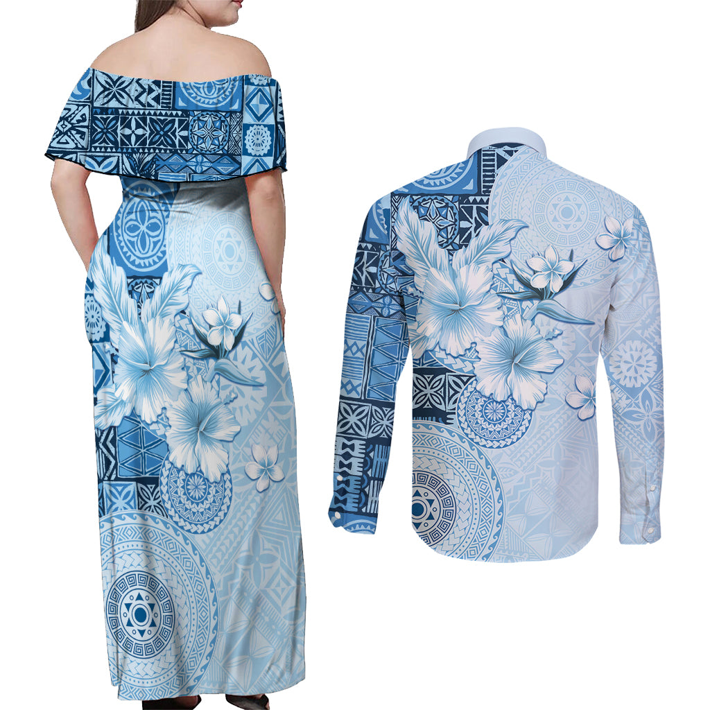Hawaii Tapa Pattern With Blue Hibiscus Couples Matching Off Shoulder Maxi Dress and Long Sleeve Button Shirt LT05 - Polynesian Pride