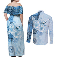 Hawaii Tapa Pattern With Blue Hibiscus Couples Matching Off Shoulder Maxi Dress and Long Sleeve Button Shirt LT05 - Polynesian Pride
