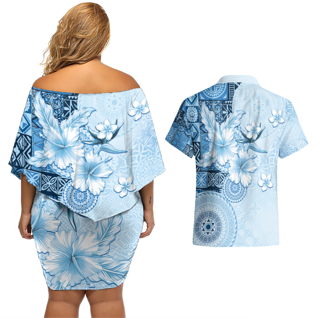 Hawaii Tapa Pattern With Blue Hibiscus Couples Matching Off Shoulder Short Dress and Hawaiian Shirt LT05 - Polynesian Pride