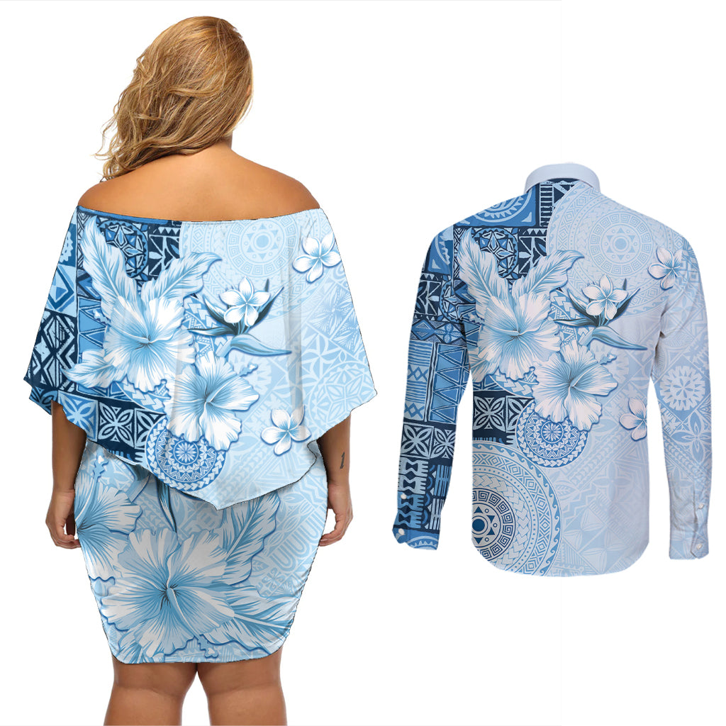 Hawaii Tapa Pattern With Blue Hibiscus Couples Matching Off Shoulder Short Dress and Long Sleeve Button Shirt LT05 - Polynesian Pride