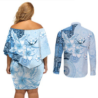 Hawaii Tapa Pattern With Blue Hibiscus Couples Matching Off Shoulder Short Dress and Long Sleeve Button Shirt LT05 - Polynesian Pride