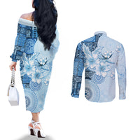 Hawaii Tapa Pattern With Blue Hibiscus Couples Matching Off The Shoulder Long Sleeve Dress and Long Sleeve Button Shirt LT05 - Polynesian Pride