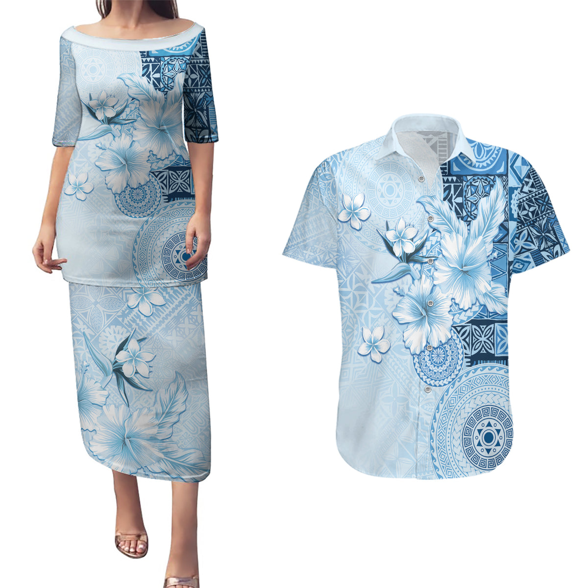Hawaii Tapa Pattern With Blue Hibiscus Couples Matching Puletasi and Hawaiian Shirt LT05 Blue - Polynesian Pride