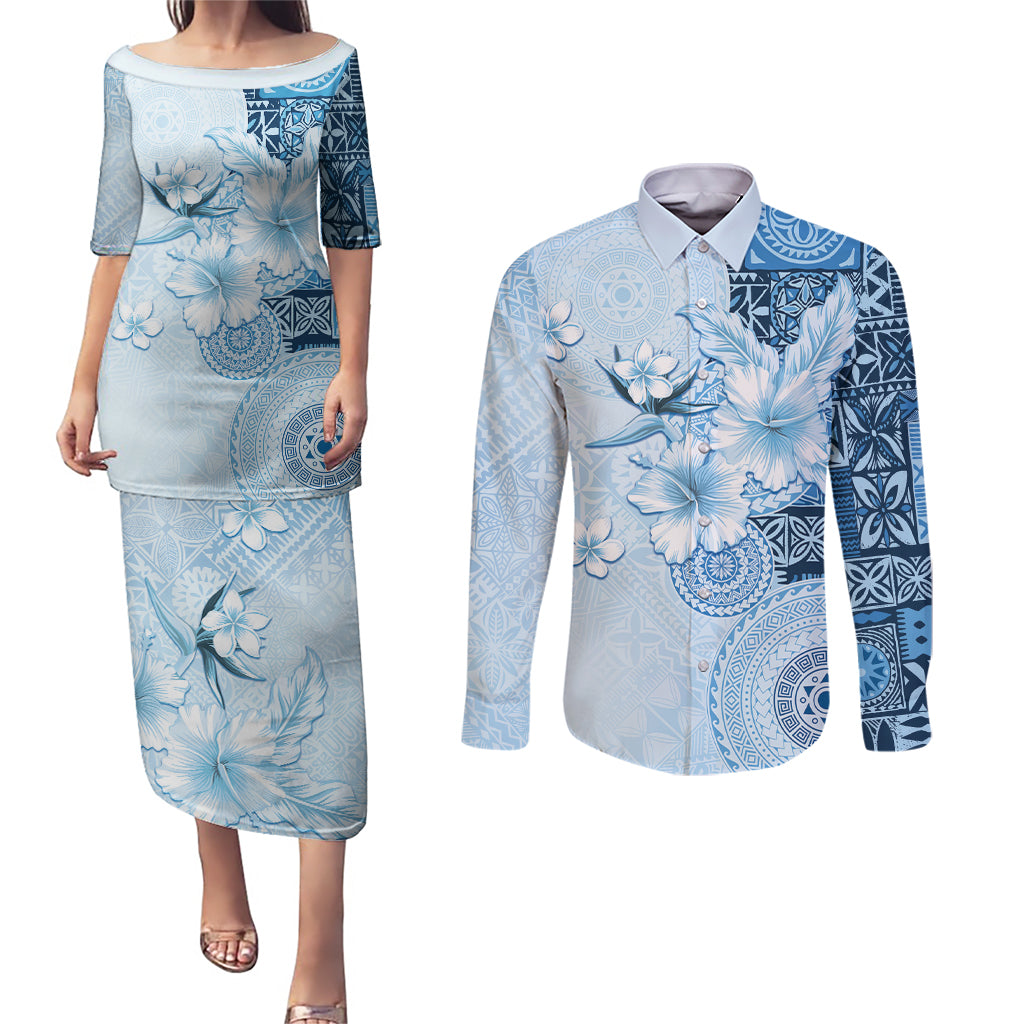 Hawaii Tapa Pattern With Blue Hibiscus Couples Matching Puletasi and Long Sleeve Button Shirt LT05 Blue - Polynesian Pride