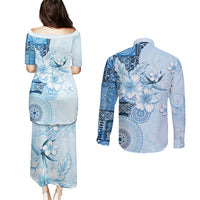 Hawaii Tapa Pattern With Blue Hibiscus Couples Matching Puletasi and Long Sleeve Button Shirt LT05 - Polynesian Pride