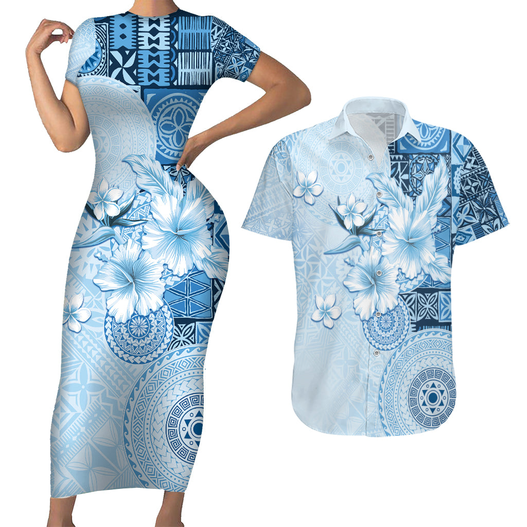 Hawaii Tapa Pattern With Blue Hibiscus Couples Matching Short Sleeve Bodycon Dress and Hawaiian Shirt