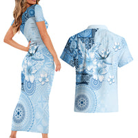 Hawaii Tapa Pattern With Blue Hibiscus Couples Matching Short Sleeve Bodycon Dress and Hawaiian Shirt LT05 - Polynesian Pride