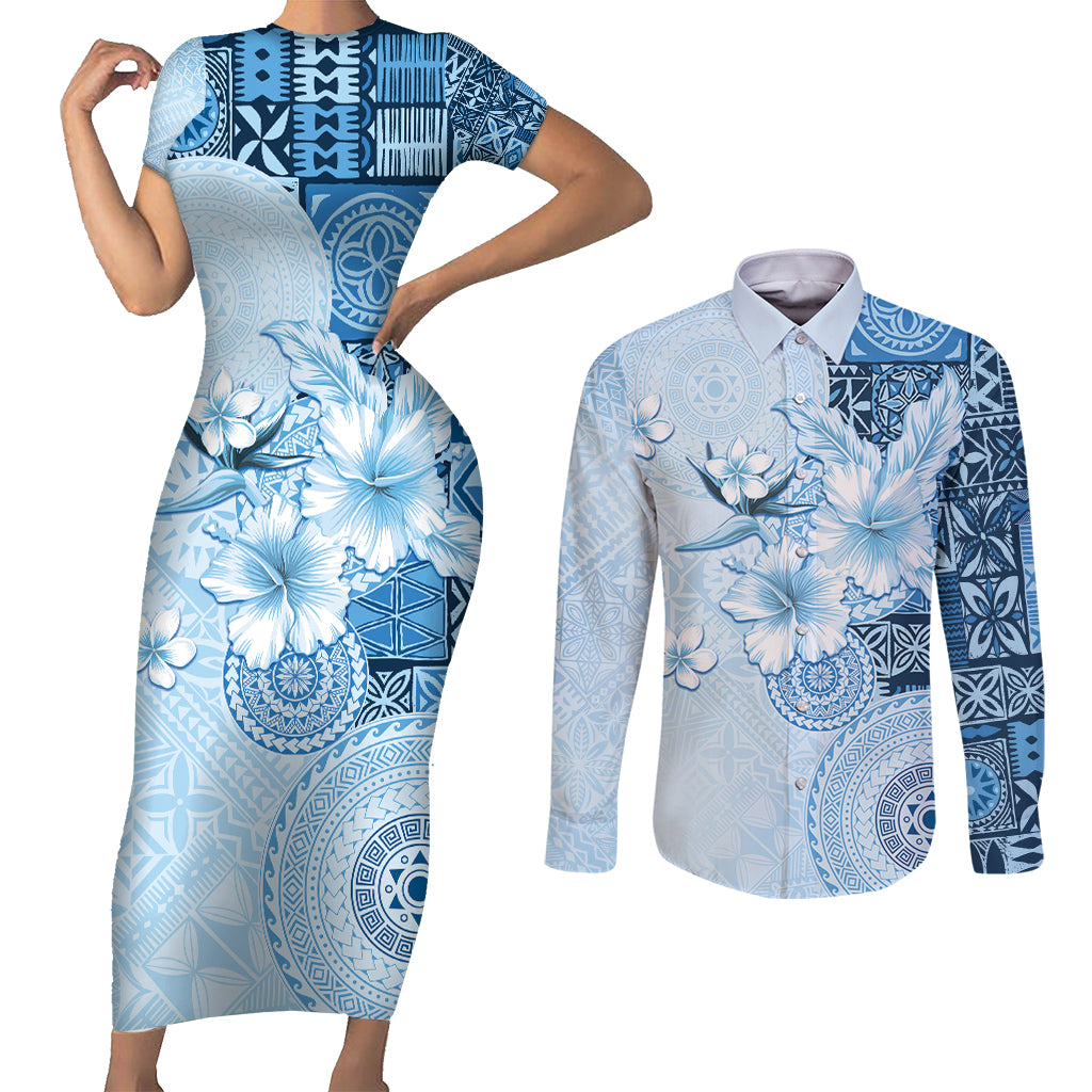 Hawaii Tapa Pattern With Blue Hibiscus Couples Matching Short Sleeve Bodycon Dress and Long Sleeve Button Shirt LT05 Blue - Polynesian Pride