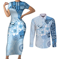 Hawaii Tapa Pattern With Blue Hibiscus Couples Matching Short Sleeve Bodycon Dress and Long Sleeve Button Shirt LT05 Blue - Polynesian Pride