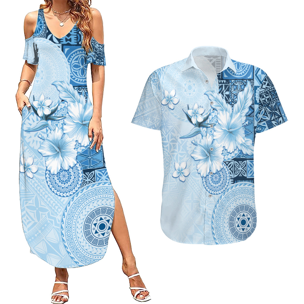 Hawaii Tapa Pattern With Blue Hibiscus Couples Matching Summer Maxi Dress and Hawaiian Shirt LT05 Blue - Polynesian Pride