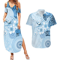 Hawaii Tapa Pattern With Blue Hibiscus Couples Matching Summer Maxi Dress and Hawaiian Shirt LT05 Blue - Polynesian Pride