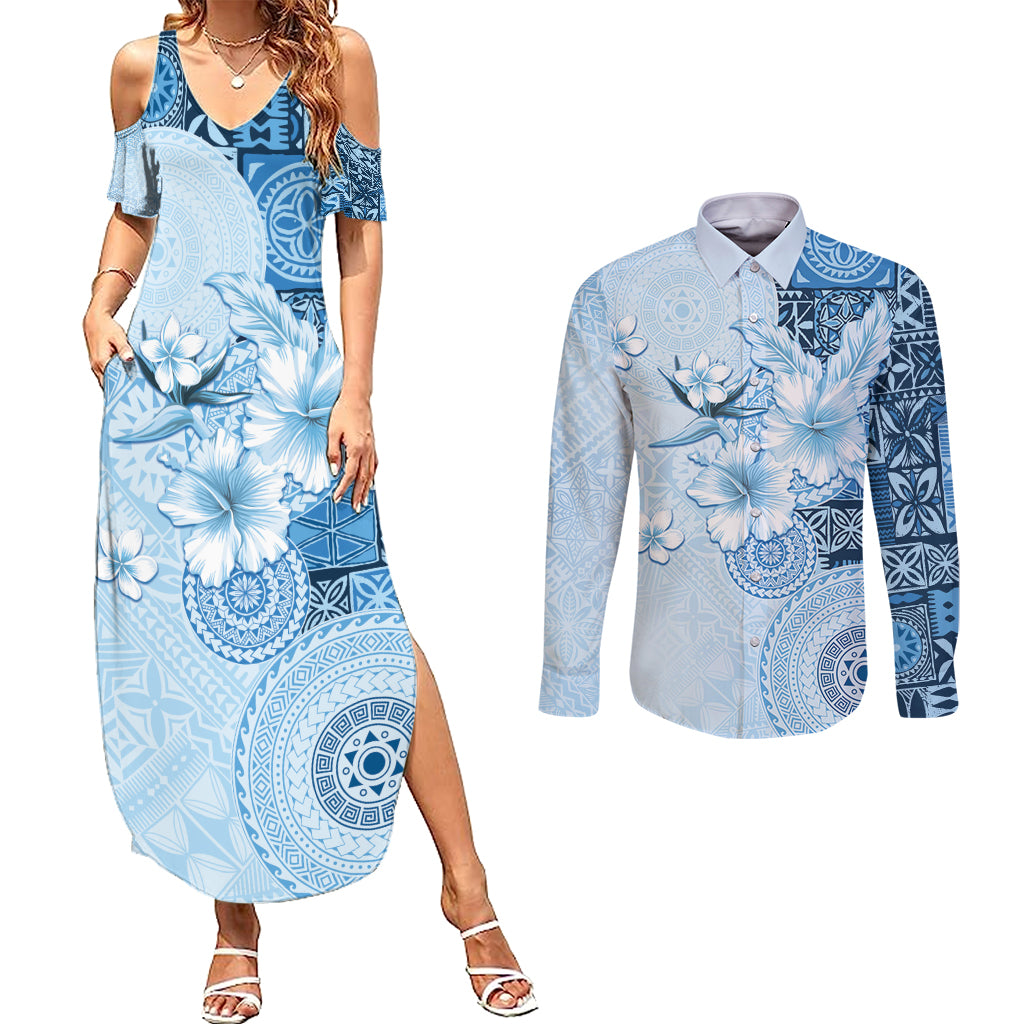 Hawaii Tapa Pattern With Blue Hibiscus Couples Matching Summer Maxi Dress and Long Sleeve Button Shirt LT05 Blue - Polynesian Pride