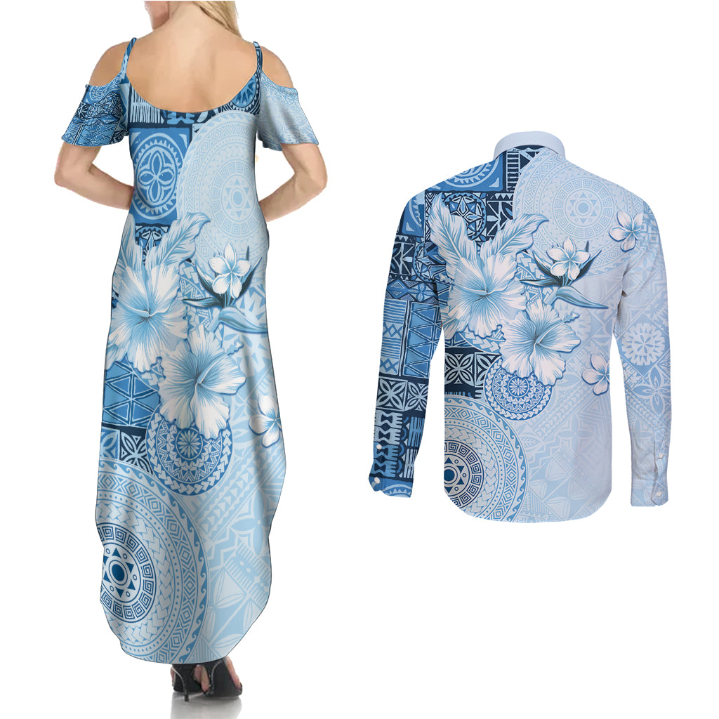 Hawaii Tapa Pattern With Blue Hibiscus Couples Matching Summer Maxi Dress and Long Sleeve Button Shirt LT05 - Polynesian Pride