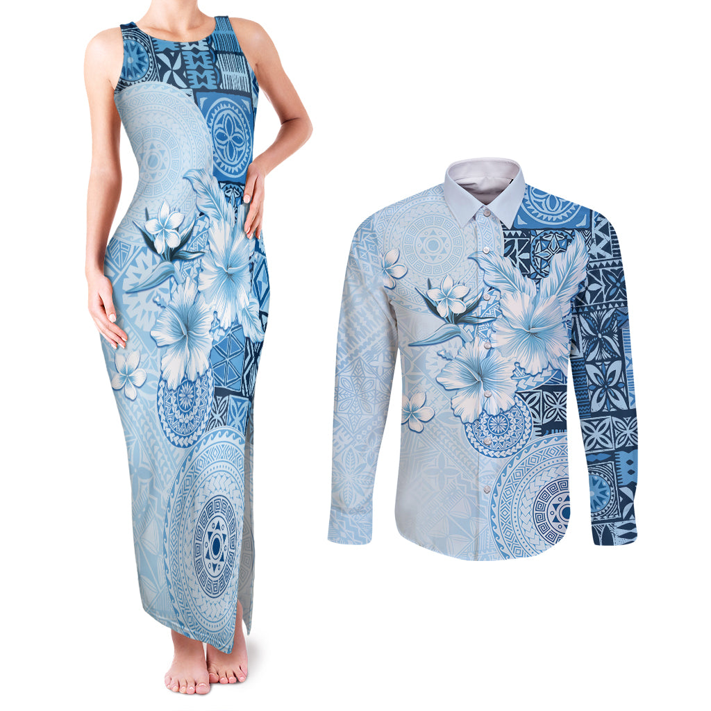 Hawaii Tapa Pattern With Blue Hibiscus Couples Matching Tank Maxi Dress and Long Sleeve Button Shirt LT05 Blue - Polynesian Pride