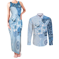 Hawaii Tapa Pattern With Blue Hibiscus Couples Matching Tank Maxi Dress and Long Sleeve Button Shirt LT05 Blue - Polynesian Pride