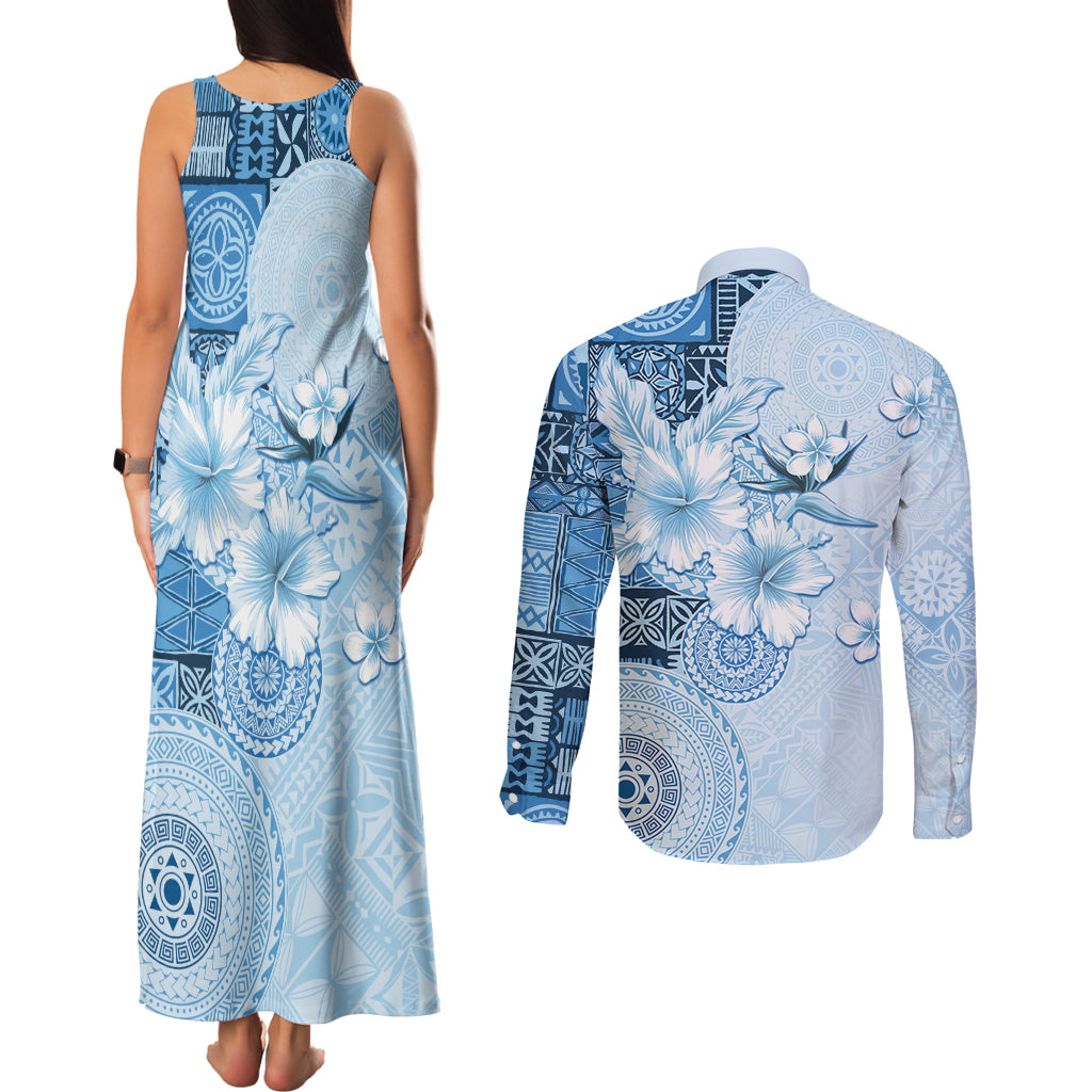 Hawaii Tapa Pattern With Blue Hibiscus Couples Matching Tank Maxi Dress and Long Sleeve Button Shirt LT05 - Polynesian Pride