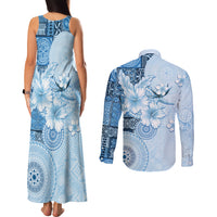 Hawaii Tapa Pattern With Blue Hibiscus Couples Matching Tank Maxi Dress and Long Sleeve Button Shirt LT05 - Polynesian Pride