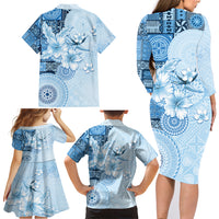 Hawaii Tapa Pattern With Blue Hibiscus Family Matching Long Sleeve Bodycon Dress and Hawaiian Shirt LT05 - Polynesian Pride