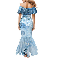 Hawaii Tapa Pattern With Blue Hibiscus Family Matching Mermaid Dress and Hawaiian Shirt