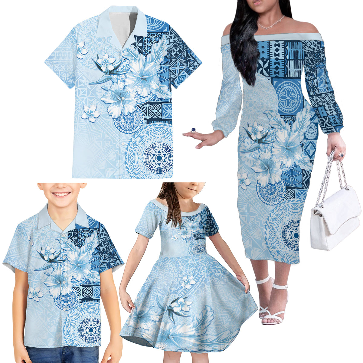 Hawaii Tapa Pattern With Blue Hibiscus Family Matching Off The Shoulder Long Sleeve Dress and Hawaiian Shirt