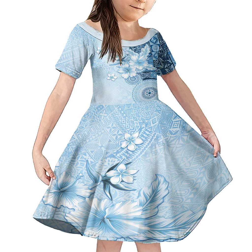 Hawaii Tapa Pattern With Blue Hibiscus Family Matching Off Shoulder Maxi Dress and Hawaiian Shirt LT05 Daughter's Dress Blue - Polynesian Pride