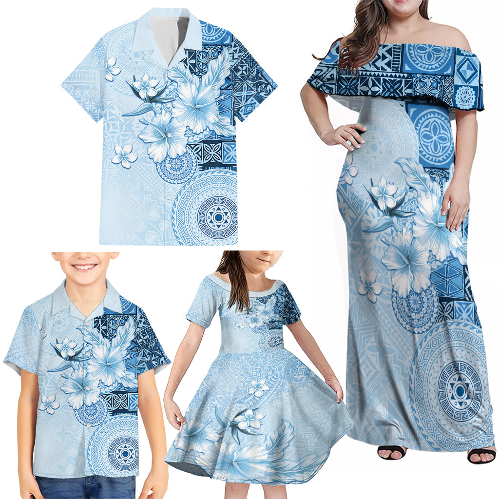 Hawaii Tapa Pattern With Blue Hibiscus Family Matching Off Shoulder Maxi Dress and Hawaiian Shirt