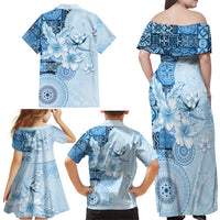 Hawaii Tapa Pattern With Blue Hibiscus Family Matching Off Shoulder Maxi Dress and Hawaiian Shirt LT05 - Polynesian Pride