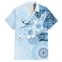 Hawaii Tapa Pattern With Blue Hibiscus Family Matching Off Shoulder Maxi Dress and Hawaiian Shirt LT05 Dad's Shirt - Short Sleeve Blue - Polynesian Pride