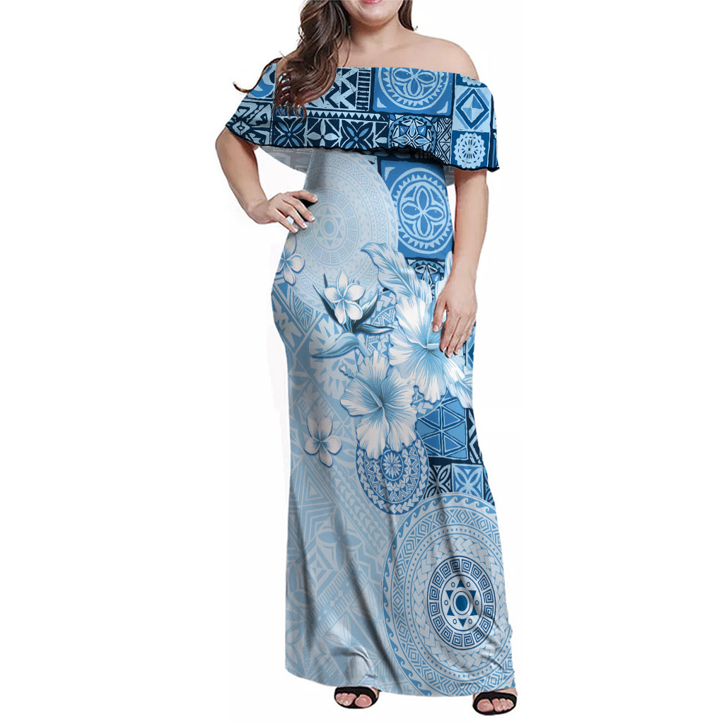 Hawaii Tapa Pattern With Blue Hibiscus Family Matching Off Shoulder Maxi Dress and Hawaiian Shirt LT05 Mom's Dress Blue - Polynesian Pride