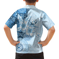 Hawaii Tapa Pattern With Blue Hibiscus Family Matching Off Shoulder Short Dress and Hawaiian Shirt LT05 - Polynesian Pride