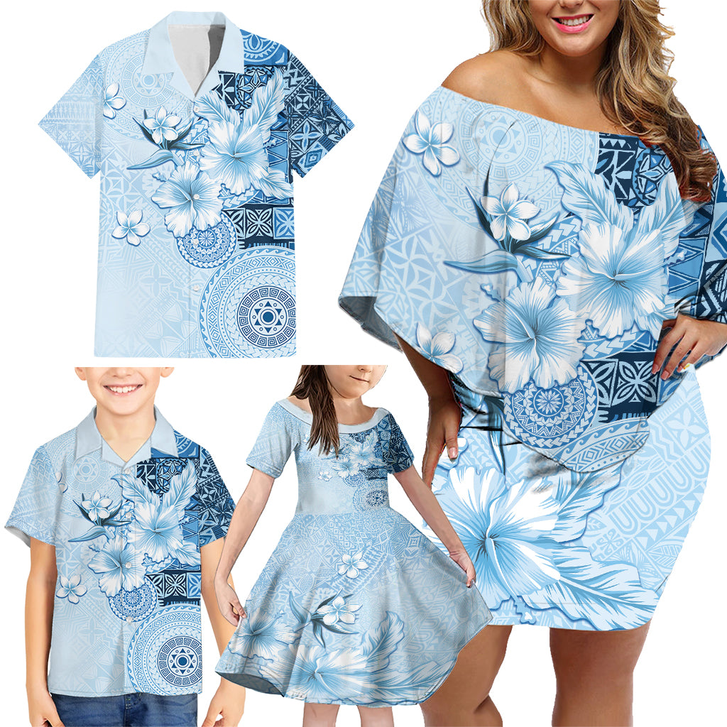 Hawaii Tapa Pattern With Blue Hibiscus Family Matching Off Shoulder Short Dress and Hawaiian Shirt LT05 - Polynesian Pride