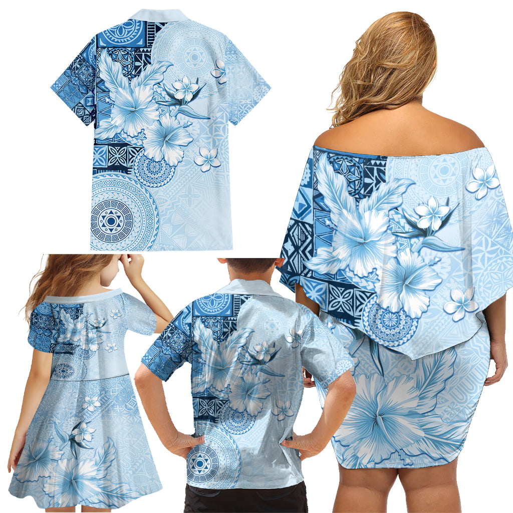 Hawaii Tapa Pattern With Blue Hibiscus Family Matching Off Shoulder Short Dress and Hawaiian Shirt LT05 - Polynesian Pride