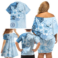Hawaii Tapa Pattern With Blue Hibiscus Family Matching Off Shoulder Short Dress and Hawaiian Shirt LT05 - Polynesian Pride