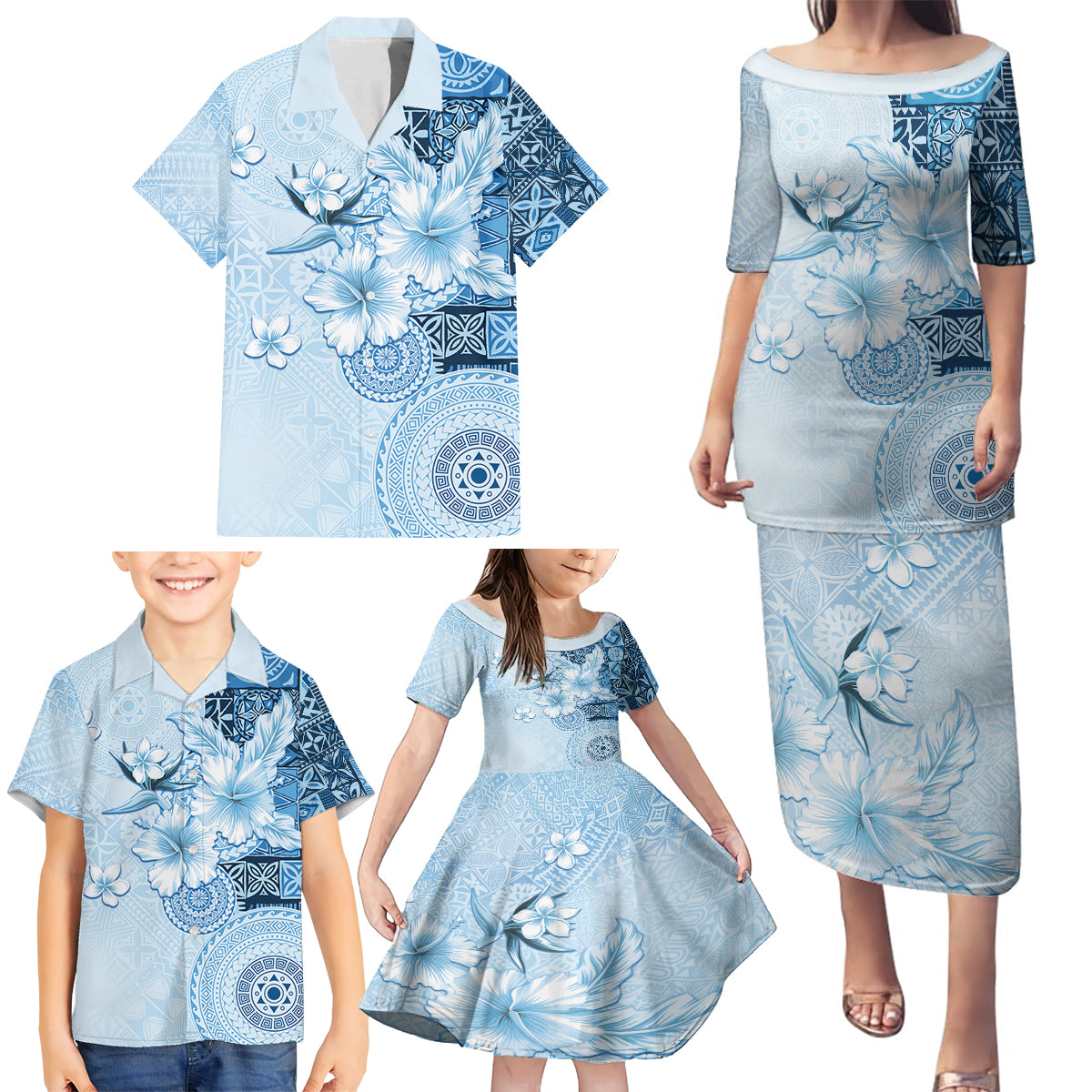 Hawaii Tapa Pattern With Blue Hibiscus Family Matching Puletasi and Hawaiian Shirt LT05 - Polynesian Pride