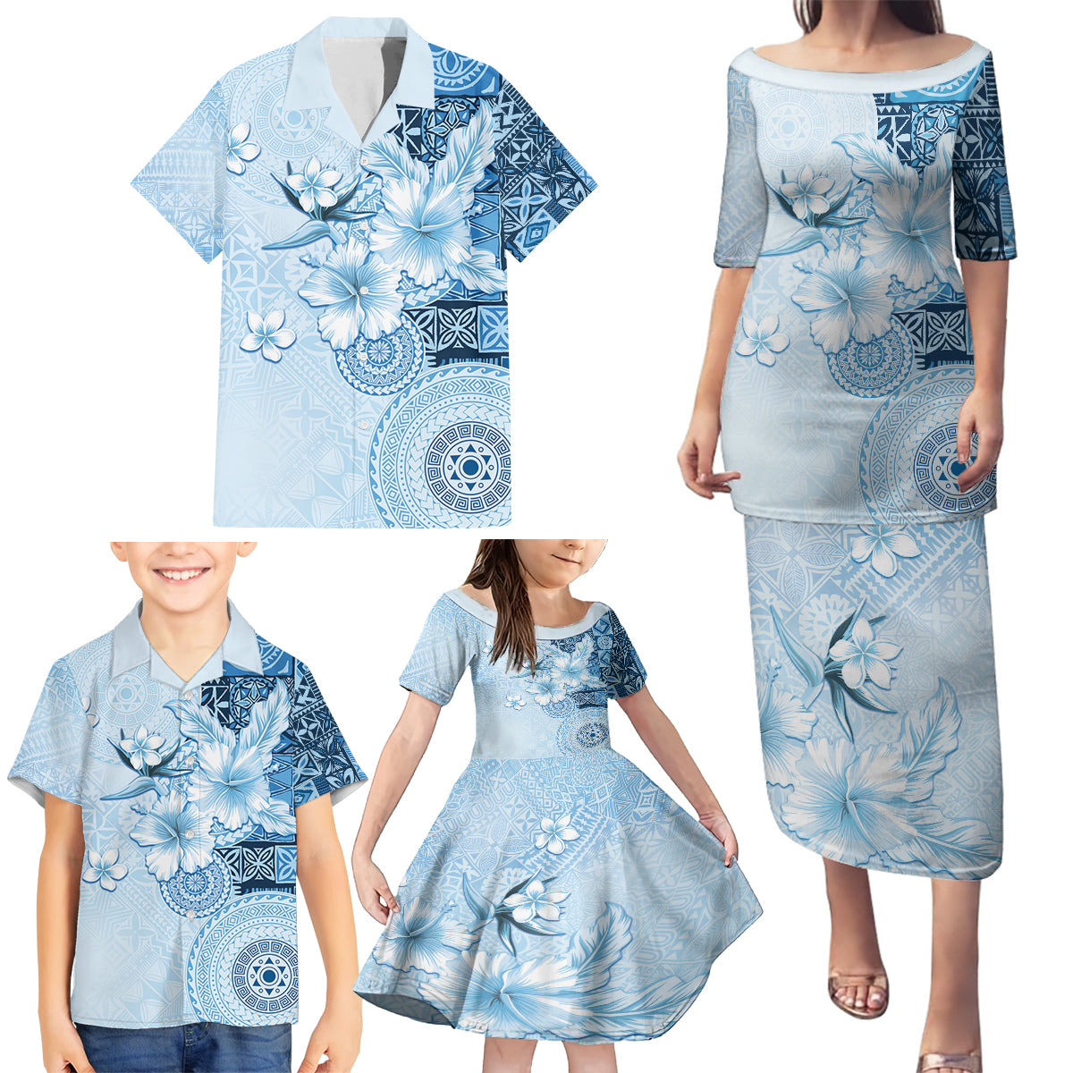 Hawaii Tapa Pattern With Blue Hibiscus Family Matching Puletasi and Hawaiian Shirt