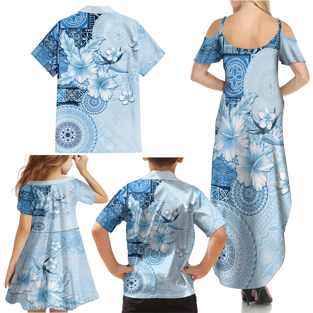 Hawaii Tapa Pattern With Blue Hibiscus Family Matching Summer Maxi Dress and Hawaiian Shirt LT05 - Polynesian Pride