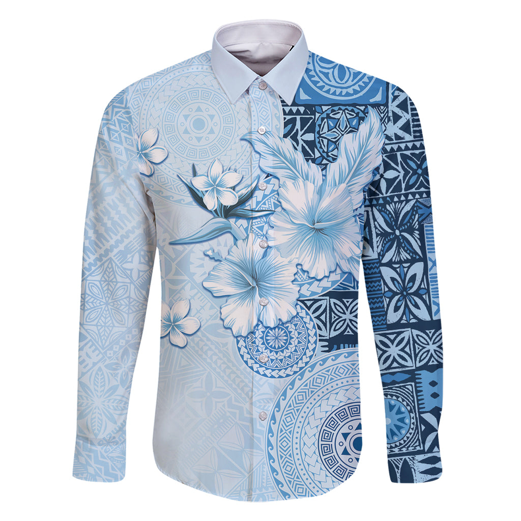 Hawaii Tapa Pattern With Blue Hibiscus Family Matching Summer Maxi Dress and Hawaiian Shirt LT05 Dad's Shirt - Long Sleeve Blue - Polynesian Pride