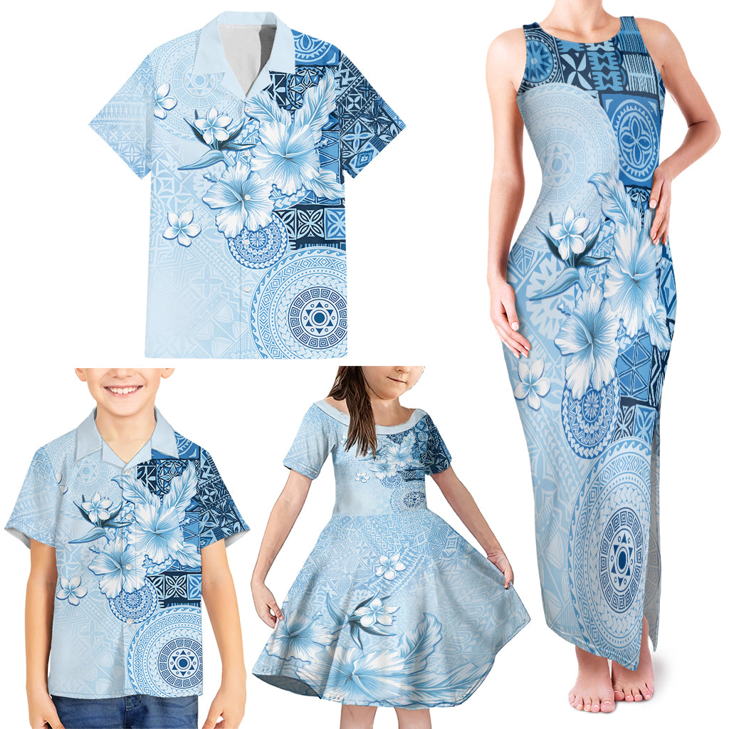 Hawaii Tapa Pattern With Blue Hibiscus Family Matching Tank Maxi Dress and Hawaiian Shirt LT05 - Polynesian Pride