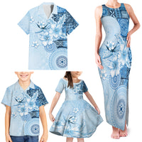 Hawaii Tapa Pattern With Blue Hibiscus Family Matching Tank Maxi Dress and Hawaiian Shirt LT05 - Polynesian Pride