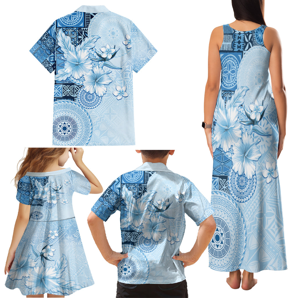 Hawaii Tapa Pattern With Blue Hibiscus Family Matching Tank Maxi Dress and Hawaiian Shirt LT05 - Polynesian Pride