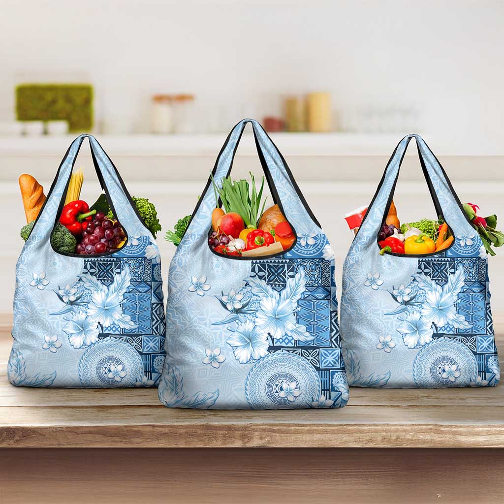 Hawaii Tapa Pattern With Blue Hibiscus Grocery Bag LT05 3-pack One Size Blue - Polynesian Pride